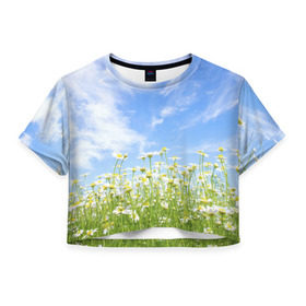 Женская футболка 3D укороченная с принтом Ромашковое поле в Белгороде, 100% полиэстер | круглая горловина, длина футболки до линии талии, рукава с отворотами | желтый | красный | любовь | новинки | подарок | розы | сердце | текстура | тюльпаны | цветы