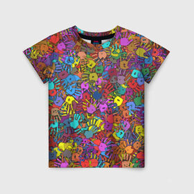 Детская футболка 3D с принтом Разноцветные отпечатки рук в Белгороде, 100% гипоаллергенный полиэфир | прямой крой, круглый вырез горловины, длина до линии бедер, чуть спущенное плечо, ткань немного тянется | Тематика изображения на принте: клякса | краски | ладонь | пятна | рука | холи | цвет | цветные