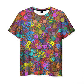 Мужская футболка 3D с принтом Разноцветные отпечатки рук в Белгороде, 100% полиэфир | прямой крой, круглый вырез горловины, длина до линии бедер | клякса | краски | ладонь | пятна | рука | холи | цвет | цветные