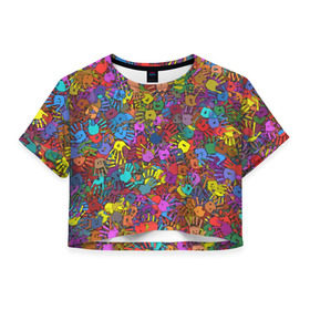 Женская футболка 3D укороченная с принтом Разноцветные отпечатки рук в Белгороде, 100% полиэстер | круглая горловина, длина футболки до линии талии, рукава с отворотами | клякса | краски | ладонь | пятна | рука | холи | цвет | цветные