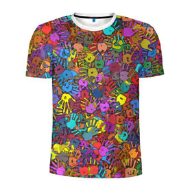 Мужская футболка 3D спортивная с принтом Разноцветные отпечатки рук в Белгороде, 100% полиэстер с улучшенными характеристиками | приталенный силуэт, круглая горловина, широкие плечи, сужается к линии бедра | клякса | краски | ладонь | пятна | рука | холи | цвет | цветные