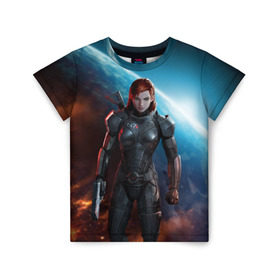 Детская футболка 3D с принтом Mass Effect в Белгороде, 100% гипоаллергенный полиэфир | прямой крой, круглый вырез горловины, длина до линии бедер, чуть спущенное плечо, ткань немного тянется | n7 | shepard | галактика | жнец | космос | масс | нормандия | планета | шепард | эффект