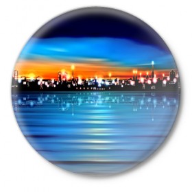 Значок с принтом Вечерний город в Белгороде,  металл | круглая форма, металлическая застежка в виде булавки | Тематика изображения на принте: закат | пейзаж | яркий