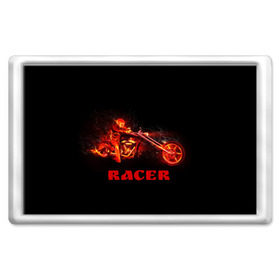 Магнит 45*70 с принтом Racer (гонщик) в Белгороде, Пластик | Размер: 78*52 мм; Размер печати: 70*45 | байк | в огне | гонщик | дым | колесо | крутой | мото | мотоцикл | мотоциклист | надпись | огненный | огонь | пламя | полыхает | прикольная | скелет | фон | череп | черный