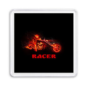 Магнит 55*55 с принтом Racer (гонщик) в Белгороде, Пластик | Размер: 65*65 мм; Размер печати: 55*55 мм | байк | в огне | гонщик | дым | колесо | крутой | мото | мотоцикл | мотоциклист | надпись | огненный | огонь | пламя | полыхает | прикольная | скелет | фон | череп | черный