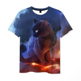 Мужская футболка 3D с принтом Night cat в Белгороде, 100% полиэфир | прямой крой, круглый вырез горловины, длина до линии бедер | киска | кот | котёнок | кошка | небо | ночь | облака | огонь