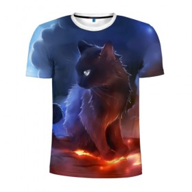 Мужская футболка 3D спортивная с принтом Night cat в Белгороде, 100% полиэстер с улучшенными характеристиками | приталенный силуэт, круглая горловина, широкие плечи, сужается к линии бедра | киска | кот | котёнок | кошка | небо | ночь | облака | огонь