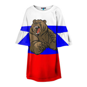 Детское платье 3D с принтом Медведь в Белгороде, 100% полиэстер | прямой силуэт, чуть расширенный к низу. Круглая горловина, на рукавах — воланы | Тематика изображения на принте: медведь | триколор | я русский