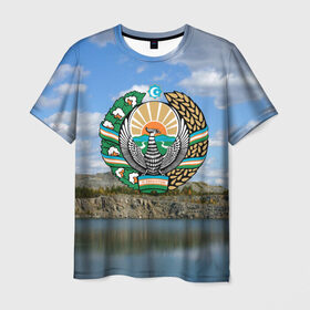 Мужская футболка 3D с принтом Узбекистан в Белгороде, 100% полиэфир | прямой крой, круглый вырез горловины, длина до линии бедер | герб | гора | горы | озеро | природа | республика | узбекская сср
