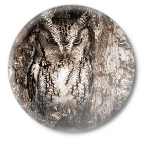 Значок с принтом Камуфляж сова в Белгороде,  металл | круглая форма, металлическая застежка в виде булавки | дерево | пернатая | птица | филин