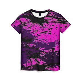 Женская футболка 3D с принтом Кляксы красок в Белгороде, 100% полиэфир ( синтетическое хлопкоподобное полотно) | прямой крой, круглый вырез горловины, длина до линии бедер | лиловый | пятна | черный | яркий
