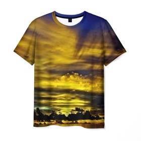 Мужская футболка 3D с принтом Мальдивы в Белгороде, 100% полиэфир | прямой крой, круглый вырез горловины, длина до линии бедер | берег | бунгало | ветки | горизонт | города | закат | корабль | мальдивы | море | отдых | пальмы | песок | пирс | страны | тропики