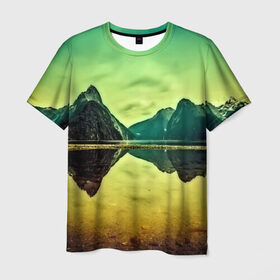 Мужская футболка 3D с принтом Новая Зеландия в Белгороде, 100% полиэфир | прямой крой, круглый вырез горловины, длина до линии бедер | Тематика изображения на принте: humboldt | горы | деревья | долина | зелень | лес | небо | новая зеландия | облака | панорама | река | солнечно
