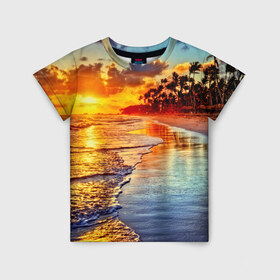 Детская футболка 3D с принтом Гавайи в Белгороде, 100% гипоаллергенный полиэфир | прямой крой, круглый вырез горловины, длина до линии бедер, чуть спущенное плечо, ткань немного тянется | hawaii | гавайи | газон | горизонт | море | небо | облака | пальмы | побережье | скалы | солнце | сша | тропики