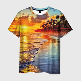 Мужская футболка 3D с принтом Гавайи в Белгороде, 100% полиэфир | прямой крой, круглый вырез горловины, длина до линии бедер | hawaii | гавайи | газон | горизонт | море | небо | облака | пальмы | побережье | скалы | солнце | сша | тропики