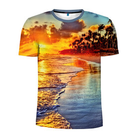 Мужская футболка 3D спортивная с принтом Гавайи в Белгороде, 100% полиэстер с улучшенными характеристиками | приталенный силуэт, круглая горловина, широкие плечи, сужается к линии бедра | hawaii | гавайи | газон | горизонт | море | небо | облака | пальмы | побережье | скалы | солнце | сша | тропики