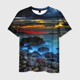 Мужская футболка 3D с принтом Скалистый берег в Белгороде, 100% полиэфир | прямой крой, круглый вырез горловины, длина до линии бедер | закат | море | небо | пейзаж | пестрый
