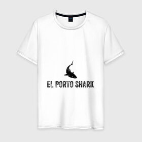 Мужская футболка хлопок с принтом El Porto Shark (в порту акулы) в Белгороде, 100% хлопок | прямой крой, круглый вырез горловины, длина до линии бедер, слегка спущенное плечо. | акула | глубина | жабры | злость | зубы | клыки | море | надпись на испанском языке | океан | опасность | плавник | подводный мир | рыба | ужас | хищник | челюсти | челюсть