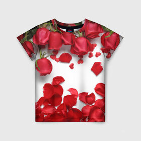 Детская футболка 3D с принтом Сильные чуства в Белгороде, 100% гипоаллергенный полиэфир | прямой крой, круглый вырез горловины, длина до линии бедер, чуть спущенное плечо, ткань немного тянется | желтый | красный | любовь | новинки | подарок | розы | сердце | текстура | тюльпаны | цветы