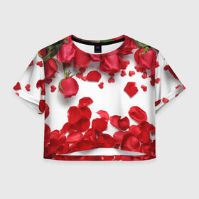 Женская футболка 3D укороченная с принтом Сильные чуства в Белгороде, 100% полиэстер | круглая горловина, длина футболки до линии талии, рукава с отворотами | желтый | красный | любовь | новинки | подарок | розы | сердце | текстура | тюльпаны | цветы