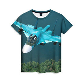 Женская футболка 3D с принтом Су 34 в Белгороде, 100% полиэфир ( синтетическое хлопкоподобное полотно) | прямой крой, круглый вырез горловины, длина до линии бедер | самолет