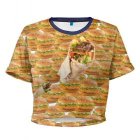 Женская футболка 3D укороченная с принтом Best food ever в Белгороде, 100% полиэстер | круглая горловина, длина футболки до линии талии, рукава с отворотами | burger | fast food | бургер | донер | фастфуд | шава | шаурма
