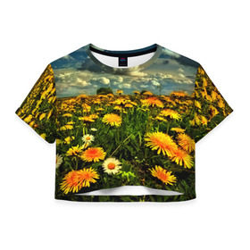 Женская футболка 3D укороченная с принтом Одуванчики в Белгороде, 100% полиэстер | круглая горловина, длина футболки до линии талии, рукава с отворотами | пейзаж | поле | цветы