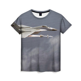 Женская футболка 3D с принтом Атака МиГ-29 в Белгороде, 100% полиэфир ( синтетическое хлопкоподобное полотно) | прямой крой, круглый вырез горловины, длина до линии бедер | самолет