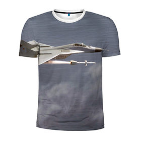 Мужская футболка 3D спортивная с принтом Атака МиГ-29 в Белгороде, 100% полиэстер с улучшенными характеристиками | приталенный силуэт, круглая горловина, широкие плечи, сужается к линии бедра | самолет