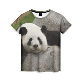 Женская футболка 3D с принтом Панда на камушке в Белгороде, 100% полиэфир ( синтетическое хлопкоподобное полотно) | прямой крой, круглый вырез горловины, длина до линии бедер | бамбук | животное | медведь