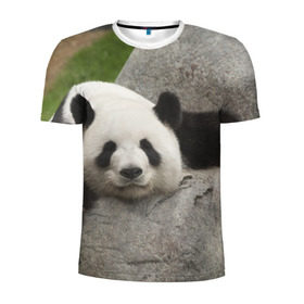 Мужская футболка 3D спортивная с принтом Панда на камушке в Белгороде, 100% полиэстер с улучшенными характеристиками | приталенный силуэт, круглая горловина, широкие плечи, сужается к линии бедра | бамбук | животное | медведь