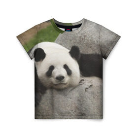 Детская футболка 3D с принтом Панда на камушке в Белгороде, 100% гипоаллергенный полиэфир | прямой крой, круглый вырез горловины, длина до линии бедер, чуть спущенное плечо, ткань немного тянется | бамбук | животное | медведь
