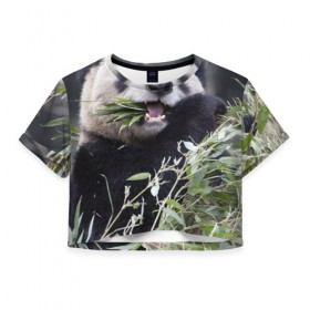 Женская футболка 3D укороченная с принтом Панда кушает в Белгороде, 100% полиэстер | круглая горловина, длина футболки до линии талии, рукава с отворотами | бамбук | животное | медведь
