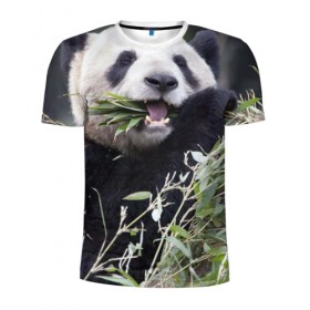 Мужская футболка 3D спортивная с принтом Панда кушает в Белгороде, 100% полиэстер с улучшенными характеристиками | приталенный силуэт, круглая горловина, широкие плечи, сужается к линии бедра | бамбук | животное | медведь