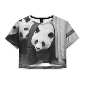 Женская футболка 3D укороченная с принтом Панды чб фото в Белгороде, 100% полиэстер | круглая горловина, длина футболки до линии талии, рукава с отворотами | бамбук | животное | медведь