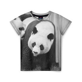 Детская футболка 3D с принтом Панды чб фото в Белгороде, 100% гипоаллергенный полиэфир | прямой крой, круглый вырез горловины, длина до линии бедер, чуть спущенное плечо, ткань немного тянется | бамбук | животное | медведь