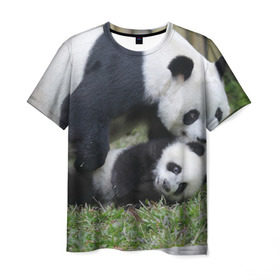 Мужская футболка 3D с принтом Мамочка и сыночек панды в Белгороде, 100% полиэфир | прямой крой, круглый вырез горловины, длина до линии бедер | Тематика изображения на принте: бамбук | животное | медведь
