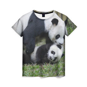 Женская футболка 3D с принтом Мамочка и сыночек панды в Белгороде, 100% полиэфир ( синтетическое хлопкоподобное полотно) | прямой крой, круглый вырез горловины, длина до линии бедер | бамбук | животное | медведь