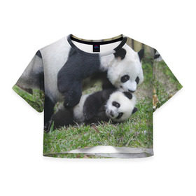 Женская футболка 3D укороченная с принтом Мамочка и сыночек панды в Белгороде, 100% полиэстер | круглая горловина, длина футболки до линии талии, рукава с отворотами | бамбук | животное | медведь