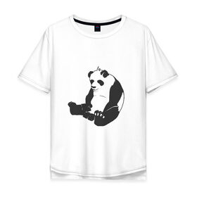 Мужская футболка хлопок Oversize с принтом Задумчивый панда в Белгороде, 100% хлопок | свободный крой, круглый ворот, “спинка” длиннее передней части | Тематика изображения на принте: бамбук | животное | медведь