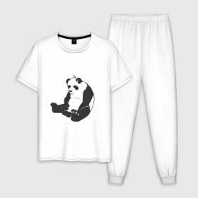 Мужская пижама хлопок с принтом Задумчивый панда в Белгороде, 100% хлопок | брюки и футболка прямого кроя, без карманов, на брюках мягкая резинка на поясе и по низу штанин
 | Тематика изображения на принте: бамбук | животное | медведь