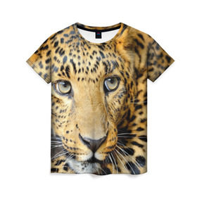 Женская футболка 3D с принтом Леопард в Белгороде, 100% полиэфир ( синтетическое хлопкоподобное полотно) | прямой крой, круглый вырез горловины, длина до линии бедер | властелин | глаз | грация | животные | зверь | кот | кошачий | кошки | крупный | леопард | лес | млекопитающее | природа | пятна | рыжий | усатый | усы | фауна | флора | хищник | хозяин | царь джунгли