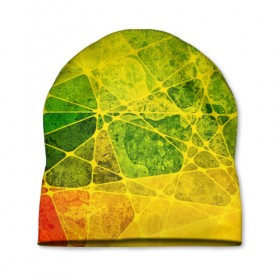 Шапка 3D с принтом Particles в Белгороде, 100% полиэстер | универсальный размер, печать по всей поверхности изделия | желтый | зеленый | потертый | треугольники | яркий