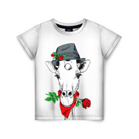 Детская футболка 3D с принтом Жираф джентльмен в Белгороде, 100% гипоаллергенный полиэфир | прямой крой, круглый вырез горловины, длина до линии бедер, чуть спущенное плечо, ткань немного тянется | Тематика изображения на принте: жираф | роза | шляпа