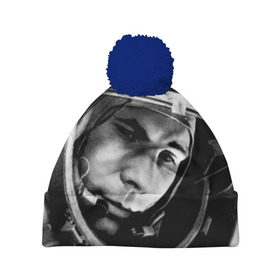 Шапка 3D c помпоном с принтом Юрий Гагарин в Белгороде, 100% полиэстер | универсальный размер, печать по всей поверхности изделия | первый космонавт