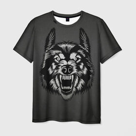 Мужская футболка 3D с принтом Злой оскал волка в Белгороде, 100% полиэфир | прямой крой, круглый вырез горловины, длина до линии бедер | аука | бирюк | волк | волчара | волчица | волчок | глаза | животное | животные | зверь | койот | млекопитающее | оскал | санитар леса | силуэт | татуировка | трафарет | уши | хищник | черный | шакал