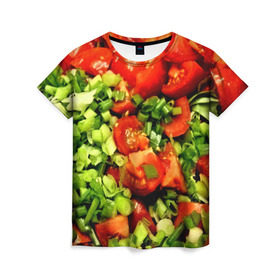 Женская футболка 3D с принтом Салатик в Белгороде, 100% полиэфир ( синтетическое хлопкоподобное полотно) | прямой крой, круглый вырез горловины, длина до линии бедер | зеленый | красный | нарезка | овощи | яркий