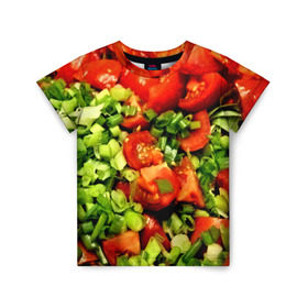 Детская футболка 3D с принтом Салатик в Белгороде, 100% гипоаллергенный полиэфир | прямой крой, круглый вырез горловины, длина до линии бедер, чуть спущенное плечо, ткань немного тянется | зеленый | красный | нарезка | овощи | яркий