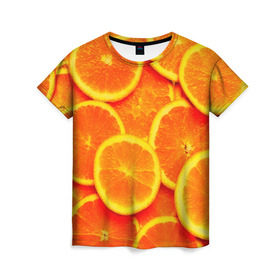 Женская футболка 3D с принтом Сочные апельсины в Белгороде, 100% полиэфир ( синтетическое хлопкоподобное полотно) | прямой крой, круглый вырез горловины, длина до линии бедер | апельсин | летние | сочные | цитрус | яркие