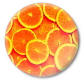 Значок с принтом Сочные апельсины в Белгороде,  металл | круглая форма, металлическая застежка в виде булавки | Тематика изображения на принте: апельсин | летние | сочные | цитрус | яркие